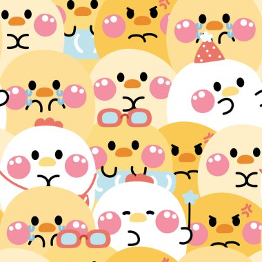 Tekrar ediyorum. Güzel tavuk ve tavuğun kusursuz şekli arka planda çeşitli pozlar veriyor. Kuş çiftliği hayvan karakteri karikatürü. Kart için görüntü, tişört baskı ekranı, bebek kıyafetleri.