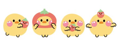 Bir dizi şirin poz, gülümseyen tavuğa domates, sebze ve meyve. Çiftlik kuşu karakteri çizgi film tasarımı. Kart, çıkartma, bebek kıyafetleri için görüntü. Kawaii.Vector. Görüntü.