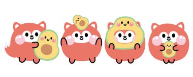 Bir dizi şirin poz, gülümseyerek tilkiyi avokadoyla yüzleştirir. Meyveler ve sebzeler. Vahşi hayvan karakteri çizgi film tasarımları. Kart, çıkartma, bebek kıyafetleri..