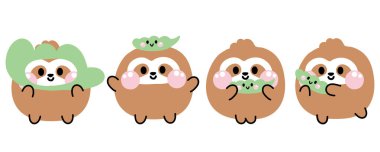 Bir dizi şirin poz, gülen surat, edamame fasulye arkaplanı. Vahşi hayvan karakteri çizimi. Kart, çıkartma, bebek kıyafetleri. Kawai Vector..