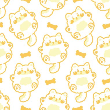 Beyaz arka planda kemikle çizilmiş şirin shiba inu köpek oyuncağının kusursuz deseni turuncu ve sarı çizgili el. Japon hayvan karakteri çizgi film tasarımı. Kawaii.Vector. İllüstrasyon.