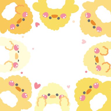 Çeşitli pozlarda kalbi olan sevimli bir tavuk bebeği. Köy hayvanı karakteri çizgi film tasarımı. Kart, çıkartma, kağıt not, bebek ürünü. Kawaii.Vector..