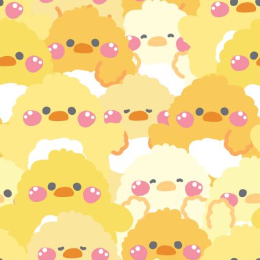 Tekrarlıyorum. Çeşitli pozlardaki kusursuz şirin tavuk bebek deseni arka planda. Çiftlik hayvanı karakteri çizgi film tasarımları. Kart, çıkartma, kağıt not, bebek yapımı..