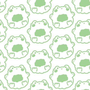 Beyaz arka plana çizilmiş, kusursuz şekilli şirin kurbağa bebeği yeşil çizgili el çizimi. Sürüngen hayvan karakteri çizimi. Kawai. İllüstrasyon..