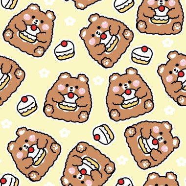 Tatlı oyuncak ayının kusursuz deseni vişneli pasta ve çiçekli arka plan. Pasta. Floral. Vahşi hayvan karakteri çizgi film tasarımı. Kart, çıkartma, bebek kıyafetleri..