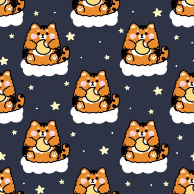 Güzel kaplan bebeğinin kusursuz desenleri Gökyüzü Yıldızı 'nın arka planında dolunayı tutuyor. Vahşi hayvan karakteri çizimi. Kart, çıkartma, bebek kıyafetleri için görüntü..