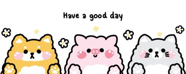 Sevimli hayvan oyuncaklarıyla selamlaşın. İyi günler mesajı. Çiçek, köpek, domuz, kedi eli çizimi. Çizgi film karakteri tasarımı..