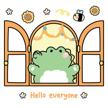 Şirin timsah çiçek ve arı özgeçmişiyle pencereyi aç. Herkese merhaba mesaj. Sürüngen hayvan karakteri çizgi film tasarımı. Kart, etiket, bebek üretimi için görüntü..