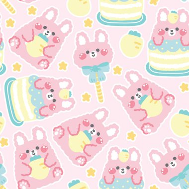 Değişik şekillerde şirin tavşan bebek pastellerinin kusursuz deseni yıldız arkaplanlı pozlar. Havuç kafa şekeri. Pasta üzerinde tavşan. Hayvan karakteri çizimi..