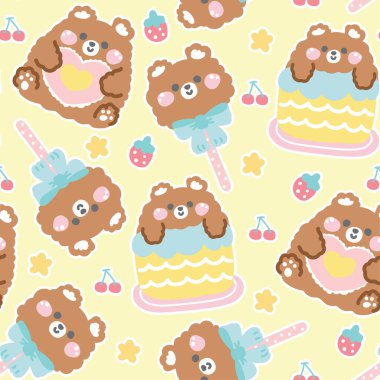 Yıldız kiraz ve çilek zeminli çeşitli pozlarda kusursuz şirin oyuncak ayı bebek pastel. Ayı kafası şekeri. Pasta üzerinde ayı. Hayvan karakteri çizimi. Kawaii.Vector. Görüntü.