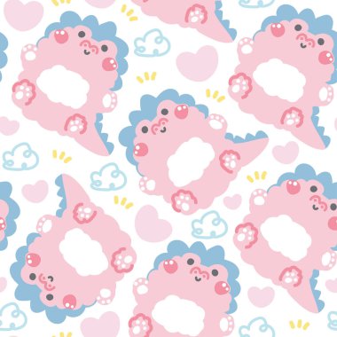 Şirin dinozor bebeğinin kusursuz deseni kalbi ve bulut geçmişiyle oturur. Vahşi Jurasik hayvan karakteri çizimi. Kart, poster, bebek kıyafetleri için görüntü..