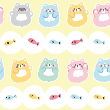 Tatlı kedi bebek pastel etiketinin kusursuz deseni arka planda. Fish.Evcil hayvan karakteri çizgi film tasarımı. Kart, poster, bebek kıyafetleri için görüntü. Kawaii.Vector. Görüntü.