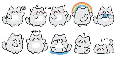Çeşitli pozlarda ve duygularda sevimli kedi bebekleri. Duygusallık. Selamlama, ağlama, teşekkür, dans, gökkuşağı. Evcil hayvan karakteri çizgi film tasarımları..