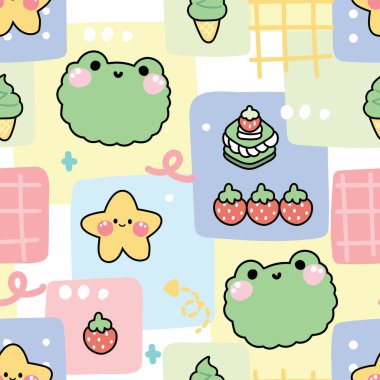 Arka planda simgesi olan kusursuz bir yüz kurbağası deseni. Pastel. Sürüngen hayvan başlı karakter çizimi. Pasta, çilek, yıldız eli çizimi..