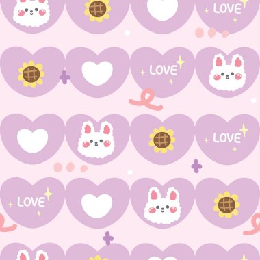 Geçmişinde ikon olan kusursuz sevimli yüz tavşanı deseni. Pastel. Tavşan. Kemirgen hayvan başlı karakter çizimi. Ayçiçeği, kalp, aşk metni çizimi..