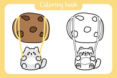 Boyama kitabı. Çocuklar için resim kitabı. Şirin kedi paraşüt çikolatalı kurabiye şekilli çizgi film el çizimi. Miyav aşığı. Pasta, tatlı, tatlı..