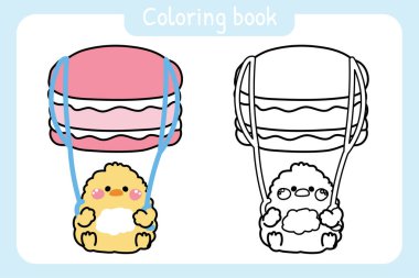 Boyama kitabı. Çocuk için boyama kitabı. Tatlı tavuk paraşüt makarna şekilli karton el çizimi. Fırın..