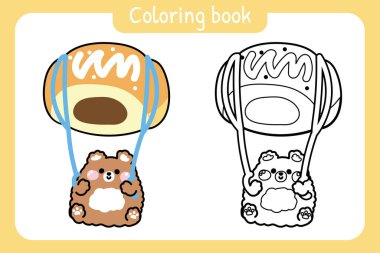 Boyama kitabı. Çocuk için resim kitabı. Tatlı oyuncak ayı paraşütü, çikolata şekilli karikatür el çizimi. Pastane, tatlı, tatlı..