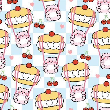 Tatlı domuz paraşütü kremalı karikatür el çiziminin kusursuz deseni. Pastane, tatlı, tatlı. Çiftlik hayvanı karakteristiği. Kawai. İllüstrasyon..