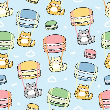 Şirin shiba inu köpek paraşüt şekilli macaron şeklindeki karikatür el çizimi. Fırın, tatlı, tatlı. Japon hayvan karakteri. Kawaii.Vector. Görüntü:.