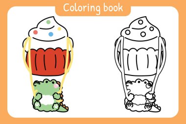 Boyama kitabı. Çocuklar için boyama kitabı. Tatlı timsah paraşütü şeklindeki kapkek şeklindeki el çizimi. Pastane, tatlı, tatlı..