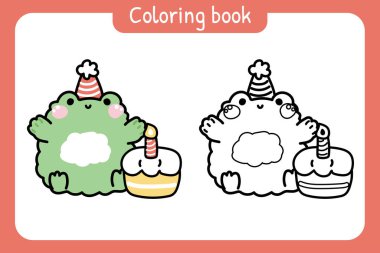 Boyama kitabı. Çocuklar için resim kitabı. Doğum günü pastalı şirin kurbağa. Kutlamalar. Tatlı. Sürüngen hayvan karakteri çizimi..