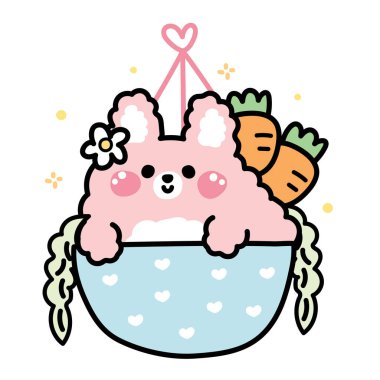 Şirin tavşan havuç ve yaprak çiçeğiyle bitki saksısında kalır. Doğa. Kemirgen hayvan karakteri çizgi film tasarımı..