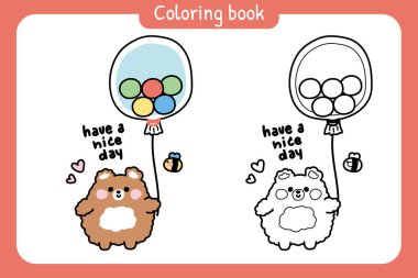 Boyama kitabı. Çocuk için resim kitabı. Sevimli ayı tutuş balonu içeride. İyi dersler. Vahşi hayvan çizgi filmi karakteri..