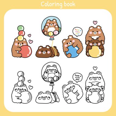 Boyama kitabı. Çocuklar için resim kitabı. Balonlu şirin ayı. Balonlu oyuncak. İyi dersler. Eğlence. Vahşi hayvan çizgi filmi karakteri..