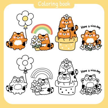 Boyama kitabı. Çocuklar için resim kitabı. Çiçekli şirin kaplan. Çiçek. Çiçek. Çiçek. Doğa. Balon..