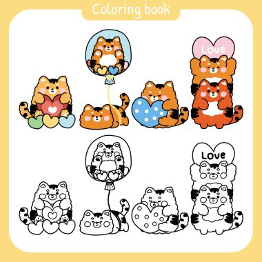 Boyama kitabı. Çocuklar için resim kitabı. Çeşitli pozlarda kalbi olan şirin bir kaplan. Balon. Sevgililer Günü..