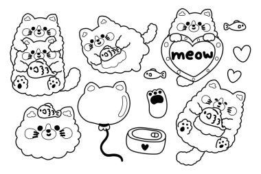 Boyama kitabı. Çocuklar için resim kitabı. Çeşitli pozlarda sevimli kedi. Miyav aşığı. Yüzü ve başı. Balon, pençe, kalp, balık, yemek çizilebilir..