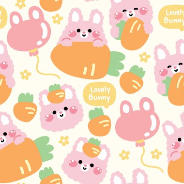 Tatlı tavşan pastel arka planının kusursuz deseni. Yüz ve kafa. Havuç, balon, çiçek eli. Kemirgen hayvan karakteri çizimi..