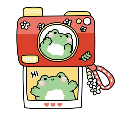 Kamera şirin kurbağa resimli karikatür. Fotoğraf çek. Çiçek ve yaprak. Sürüngen hayvan karakteri çizimi..