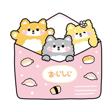 Kağıt postadaki şirin shiba inu köpek suşi yiyeceği ve sakura çiçeği çizgi film tasarımları var. Mesaj. Kart.Japonca metin çok lezzetli..