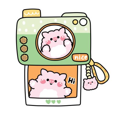 Kamerada şirin bir domuz selamlama resmi var. Fotoğraf çek. Güneş Çiçeği. Çiftlik hayvanı karakteri çizimi. Kawaii.Vector..