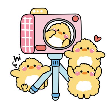 Şirin tavuklu kamera, karikatür pozu veriyor. Fotoğraf çek. Çiftlik hayvanı karakteri çizgi filmi tasarımı..