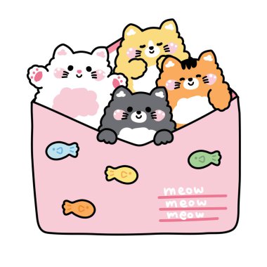 Kağıt postadaki sevimli kedide balık çizgi filmi tasarımı var. Mesaj. Kart. Miyav metni. Hayvan karakteri..