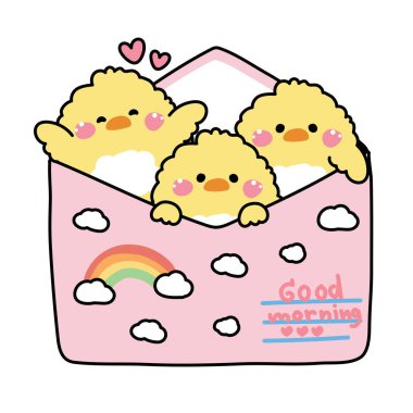 Kağıt postadaki sevimli tavuğun yapışkan ve gökkuşağı çizgi film tasarımları var. Mesaj. İyi sabahlar. Çiftlik hayvanı karakteri..