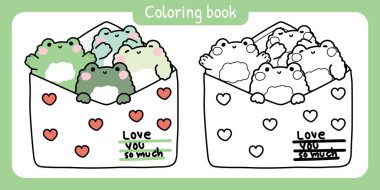 Boyama kitabı. Çocuk için resim kitabı. Kağıt postadaki sevimli kurbağaların kalp çizimi vardır. Mesaj. Mesaj. Seni çok seviyorum..