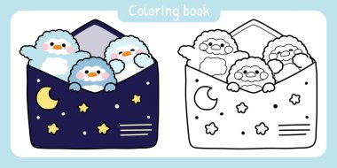 Boyama kitabı. Çocuk için resim kitabı. Kağıt postayla sevimli penguen Ay ve yıldız çizgi film tasarımları var. Mesaj. Kart..