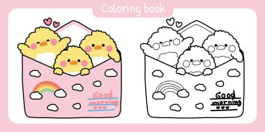 Boyama kitabı. Çocuk için boyama kitabı. Kağıt postadaki şirin tavuklar. Bulutlar ve gökkuşağı çizgi film tasarımları. Mesaj..