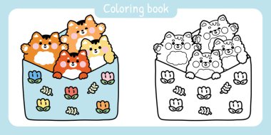 Boyama kitabı. Çocuk için resim kitabı. Kağıt postadaki şirin kaplan. Çiçek ve yaprak çizgi film tasarımları. Mesaj..