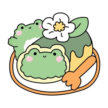 Beyaz arka planda sevimli kurbağa pastası çiçeği. Yemek, tatlı, tatlı, fırın eli çizilmiş. Sürüngen hayvan karakteri çizimi..