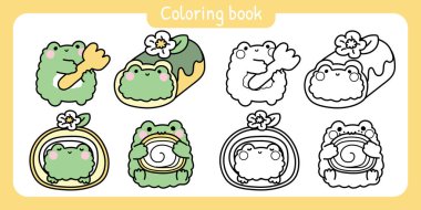 Boyama kitabı. Çocuk için resim kitabı. Tatlı kurbağa, kek konseptinde çeşitli pozlar veriyor. Pasta, pasta, tatlı, çiçek eli çizimi..