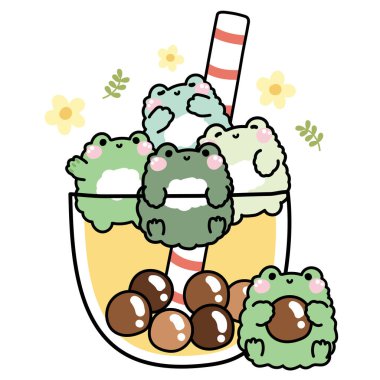 Şirin kurbağa, beyaz arka planda çiçekli ve yapraklı büyük köpüklü sütlü çay bardağında poz verir. Tatlı. Sürüngen hayvan karakteri çizimi..