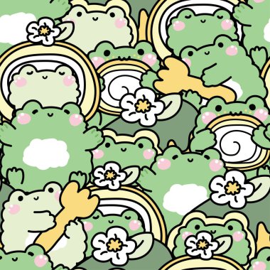 Tekrar ediyorum. Tatlı kurbağaların kusursuz desenleri. Pasta, pasta, tatlı, çiçekli el çizimi. Sürüngen hayvan karakteri çizimi..