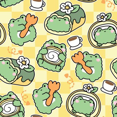 Tatlı kurbağaların kusursuz desenleri yuvarlak pasta kavramının arka planında. Kahve fincanı, fırın, kek, tatlı, çiçek eli çizimi. Sürüngen hayvan karakteri çizimi..