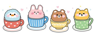 Bir grup sevimli hayvan beyaz arka planda bir fincan çay ve kahvenin içinde kalıyorlar. Penguen, tavşan, ayı, shiba inu köpek eli. Çizgi film karakteri. Kahvaltı içeceği. Kawai..