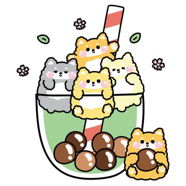 Şirin shiba inu köpek çeşitli pozlar büyük balonlu yeşil çay fincanı içinde sakura çiçeği ve beyaz arka planda yaprak. Tatlı. Japon hayvan karakteri çizgi film tasarımı. Kawaii.Vector..